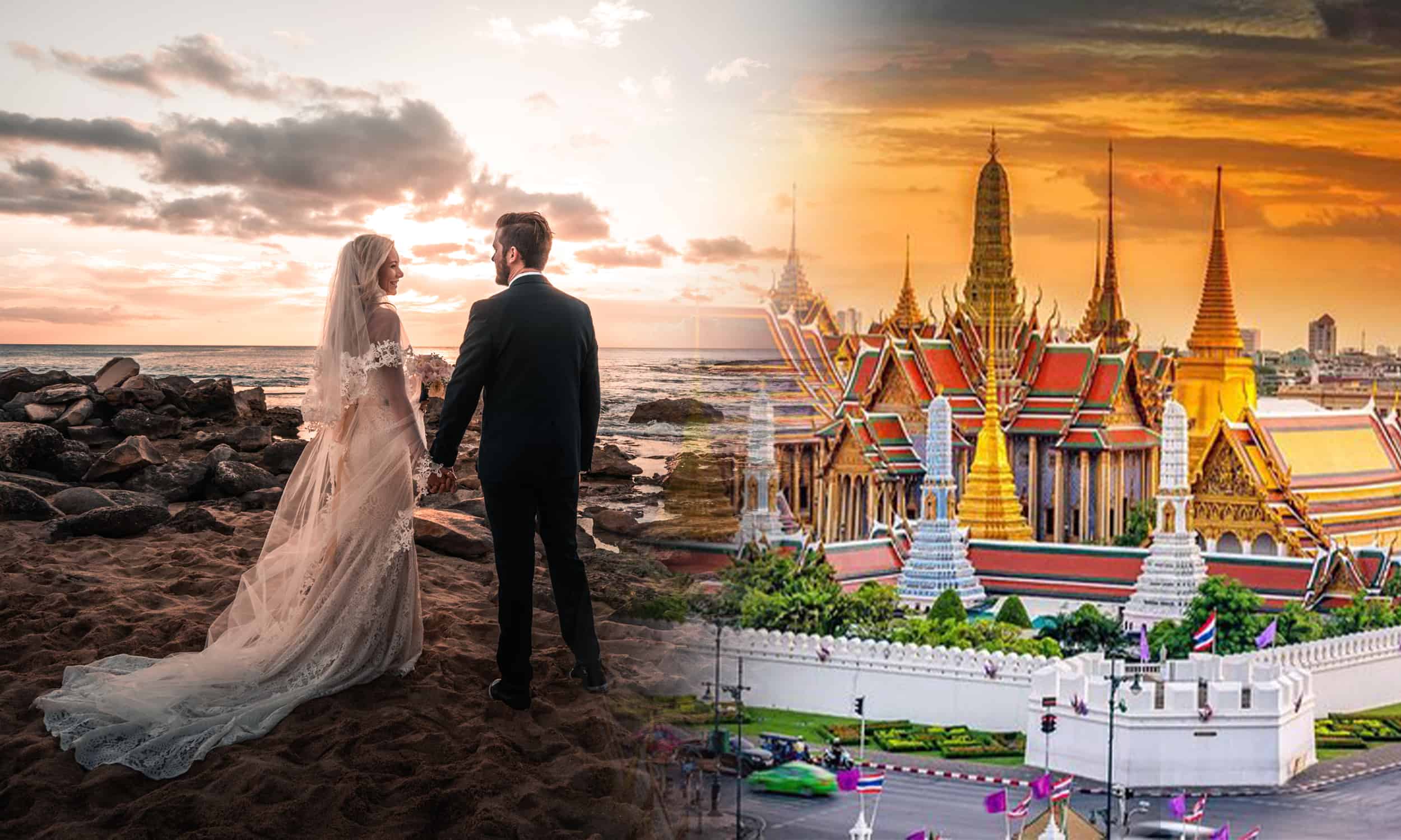 Thailand wedding scene showing a couple in wedding attire holding hands on a sunset beach on the left and a traditional Thai temple complex with gold and red roofs on the right.